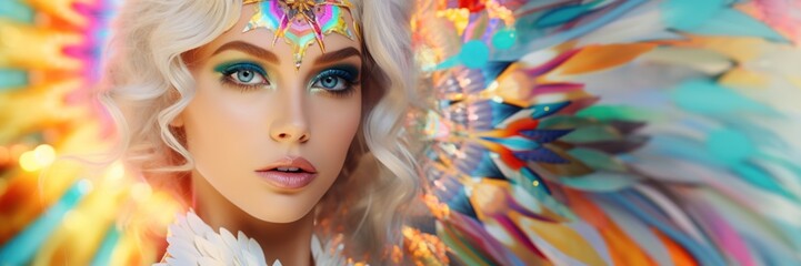 Wall Mural - A beautiful woman in the psychedelic rainbower goddess beauty white holy fashion dessous style background, ai generated