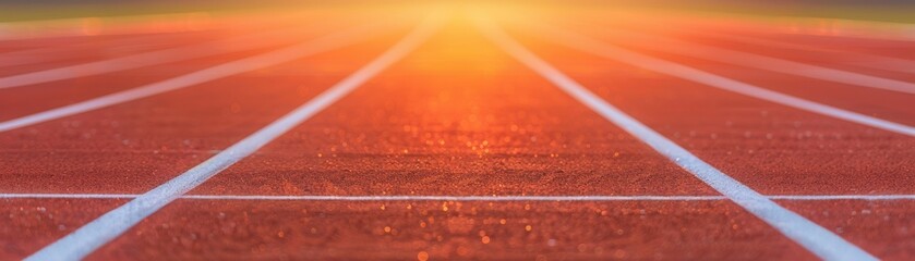 A vibrant, empty running track at sunrise, symbolizing new beginnings and athletic potential.