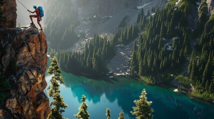 A rock climber ascending a cliff with a view of a serene alpine lake surrounded by pine trees below, captured in an ultra-detailed