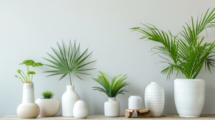 Wall Mural - Minimalist white ceramic planters with green plants