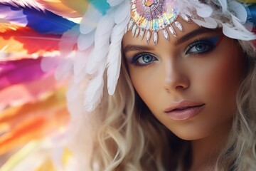 Wall Mural - A beautiful woman in the psychedelic rainbower goddess beauty white holy fashion dessous style background, ai generated