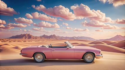 A fictional pink world, a pink retro convertible rides through the desert, among gentle fluffy bushes and sweet mountains. In the blue sky, gently pink clouds and sunny weather.