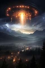 Fototapete - A massive UFO hovers over a mountainous landscape, casting an ominous glow as bright beams of light descend from its illuminated underside, illuminating the misty valley below.