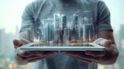 Canvas Print - A Person Holding a Tablet Showing a Cityscape on the Screen