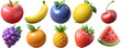 © AucArtStudio - 3d realistic fruit icons collection - apple, banana, blueberry, lemon, cherry, grape, orange, pineapple, strawberry, watermelon - isolated on black background.