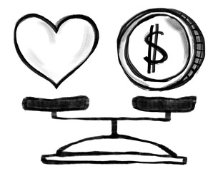 Wall Mural - Heart and money png sticker, balance on scale, wellness doodle, transparent background