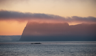 Dramatic colorful evening sky during the midnight sun in the Lofoten, Northern Norway