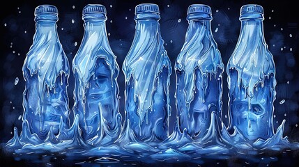 Poster -   A painting of a row of blue water bottles with water droplets on the bottom of the bottles