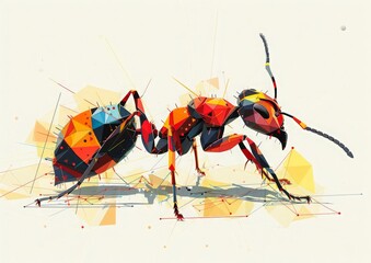 Wall Mural - Digital illustration of a red ant, rendered in a polygonal style. Ant is depicted in its natural colors and is walking across a geometric surface