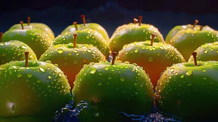 Poster -   A pile of green apples with water droplets on top, surrounded by more green apples