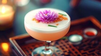 Sticker -   Close-up shot of a drink in a glass with a flower perched atop and a candle flickering in the background