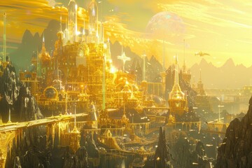 Wall Mural - A Golden City Among the Clouds and Mountains