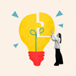 © Lustre Art Group  - Contemporary art collage. Young woman in monochrome, connect puzzles pieces to make form of colorful light bulb against beige background. Concept of business, idea, creativity, personal development.