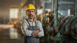 © Aamir - An Indian male worker in overalls and safety glasses stands in front of a machine, ensuring safety and protection in the workplace, industrial safety, machinery operator