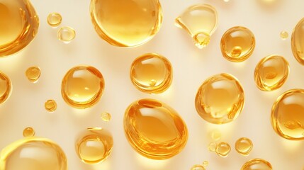 Variety of golden oil droplets isolated, ideal for high-quality ingredient visuals.