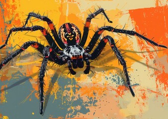 Wall Mural - Illustration of a black and red spider, rendered in a polygonal style, set against a colorful background