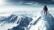 © han - A solitary climber reaching the summit of a snowy peak, with a panoramic view of a frozen landscape below