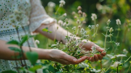 Sticker - A serene image of a woman in a transparent white dress, kneeling in a flower-filled field, holding a bouquet. Evokes nostalgia and nature's beauty.