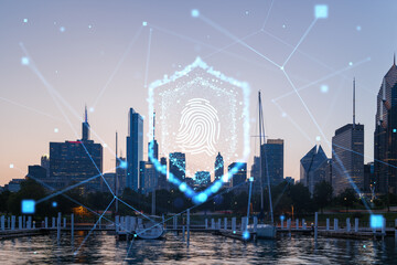 Wall Mural - Digital security concept with fingerprint over city skyline at dusk.