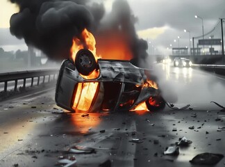 Sticker - A car is flipped over and engulfed in flames on a highway, with dark smoke billowing into the sky. The scene depicts a dramatic and dangerous accident.