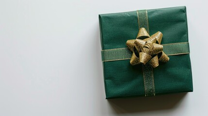 Poster - Top view of green gift box on white background with space for text