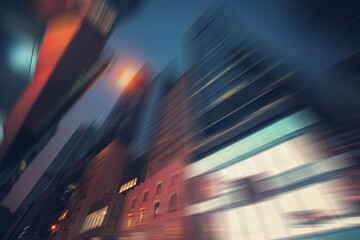 Sticker - Motion blurred city skyline with tall buildings at night.