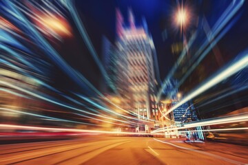 Wall Mural - A city street at night with blurred light trails from passing cars and buildings in the background.