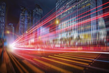 Wall Mural - A city street at night with tall buildings in the background, illuminated by bright red and white streaks of light from passing cars.