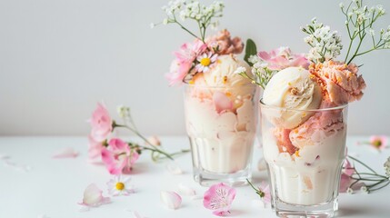 Sticker -   Two ice cream sundaes with flowers on a white table surrounded by pink and white flowers