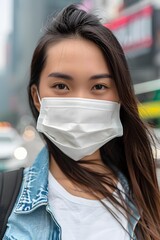 Wall Mural - Young Asian Woman Wearing a Face Mask in the City