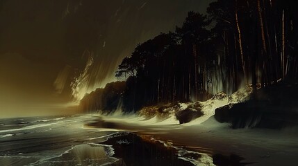 Poster -   A captivating scene depicted by a master artist of a snow-covered beach at night with trees lining the shoreline