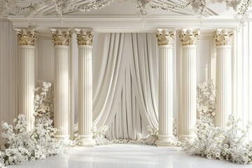 Elegant white wedding stage with Roman columns and floral decorations