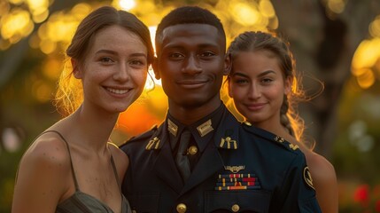 A group of three smiling friends, two women and a man in formal military attire, enjoying an outdoor sunset with warm, golden light illuminating their faces