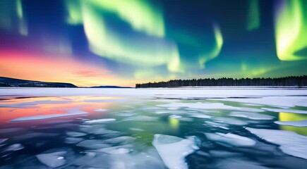 Sticker - multi-color aurora spanning night sky over a frozen lake