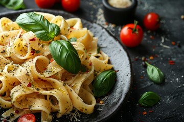 Wall Mural - Delicious Freshly Made Fettuccine Pasta Garnished With Basil and Cherry Tomatoes