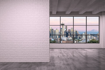 Wall Mural - Empty room with blank brick wall and large window overlooking cityscape. 3D Rendering