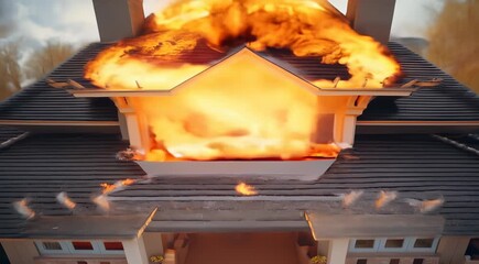 Sticker - bright orange flames consuming the roof of a luxury home