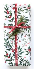 Poster - Christmas Gift Wrapping Paper with Red Ribbon and Holly