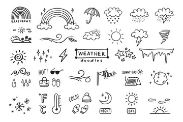 Weather Doodle sketch icons cartoon line hand drawn illustration for concept design. Kids cute style