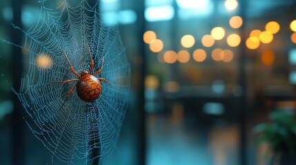 A Spider in a Web with Dewdrops and Blurred Bokeh Lights