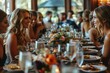 © aicandy - A delightful gathering at an elegantly decorated dining table full of smiling people enjoying their meal and each other's company in a warmly lit setting