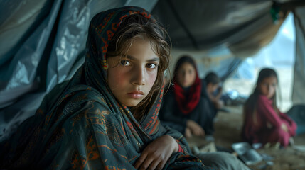 A young girl in a refugee camp, with a serious and intense expression. She is surrounded by other children, highlighting the plight and resilience of displaced youth. 