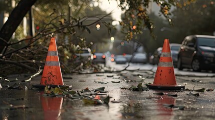 Two traffic cones are used to warn traffic of road closure due to uprooted trees and dangerous overhead power cables lying in road after high winds