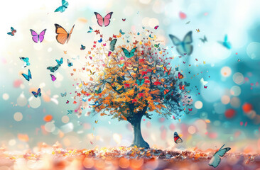 Wall Mural - A tree with colorful leaves surrounded by butterflies flying in the air. The background is blurred and has light colors