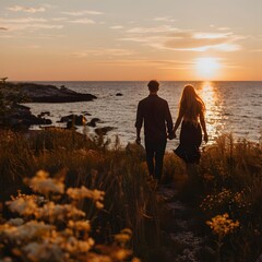 Wall Mural - Couple Walking on Beach at Sunset