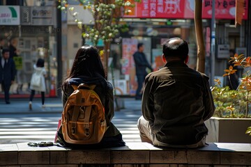 Wall Mural - Two People Sitting On A Curb With A Backpack