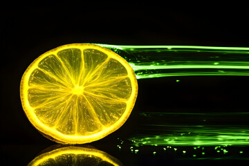 Wall Mural - Lemon slice neon silhouette isolated on black background.