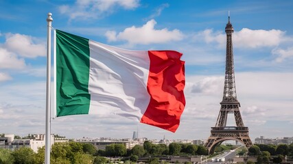 Italy flag waving, the Eiffel Tower in the background, Oylmpics 2024