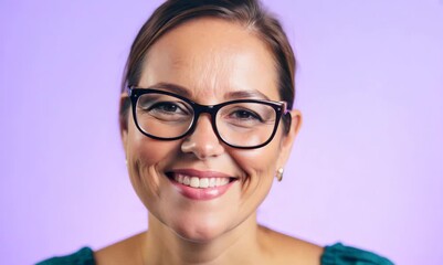 Wall Mural - Portrait of a happy young woman in glasses on a purple background