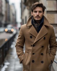 stylish man in brown peacoat stands on city street on a rainy day